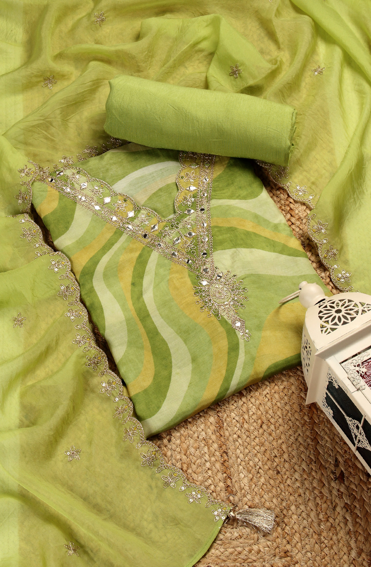 Parrot Green Beautiful Muslin Salwar Suit with Organza Dupatta - 693-SVA72031