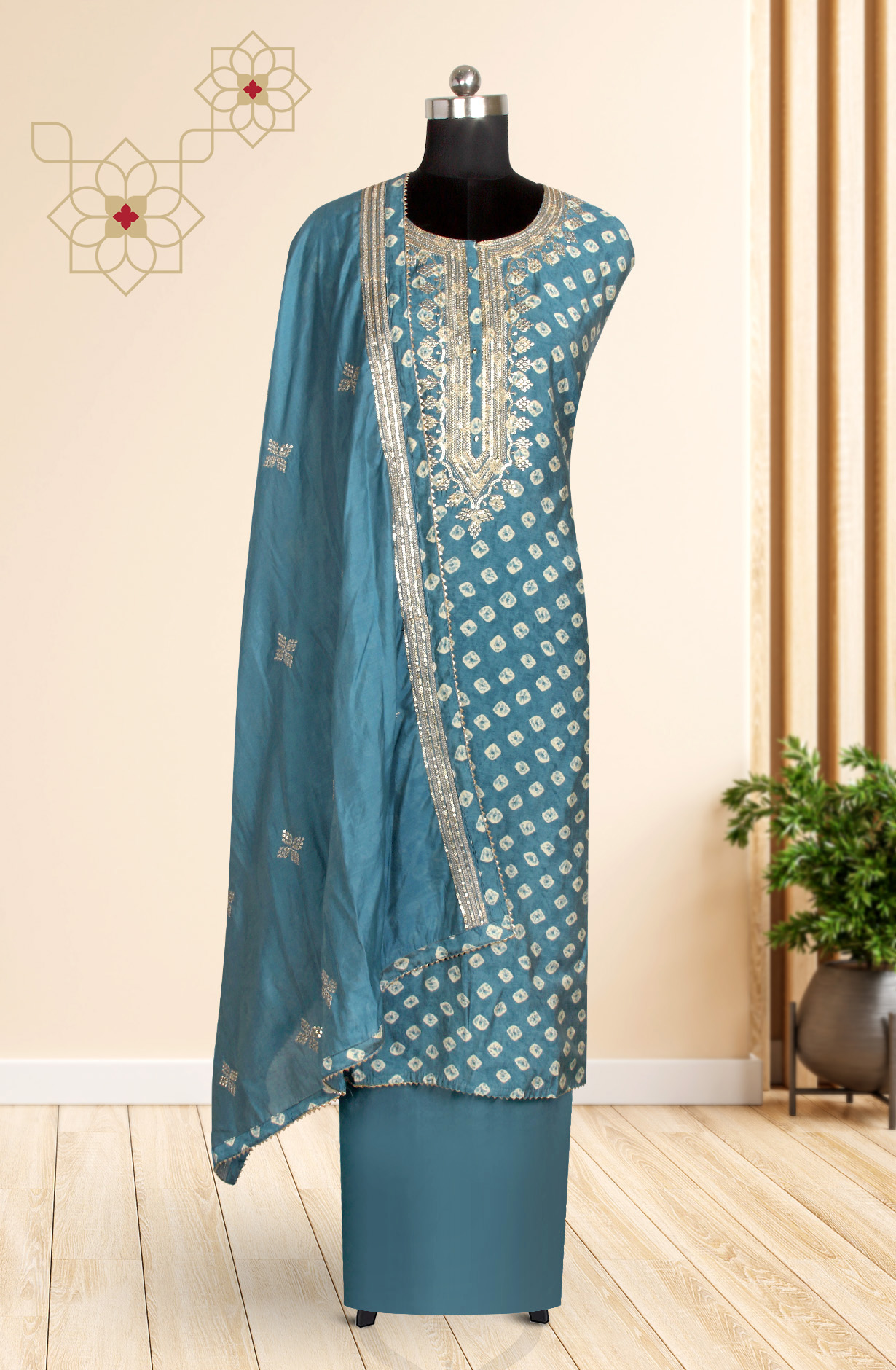 Teal Modal Printed Salwar Suit-sets - 693-TCA16015