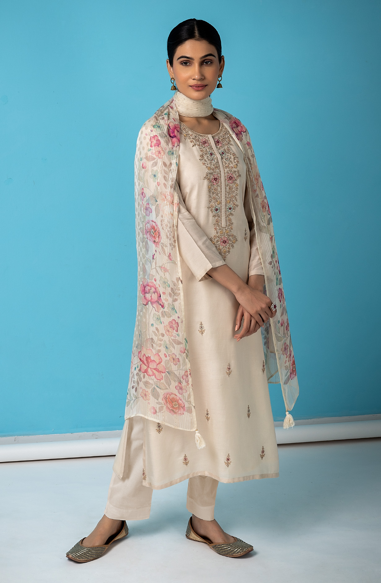 Beige Designer Muslin Salwar Suit with Chiffon Dupatta - R157-SPR1483