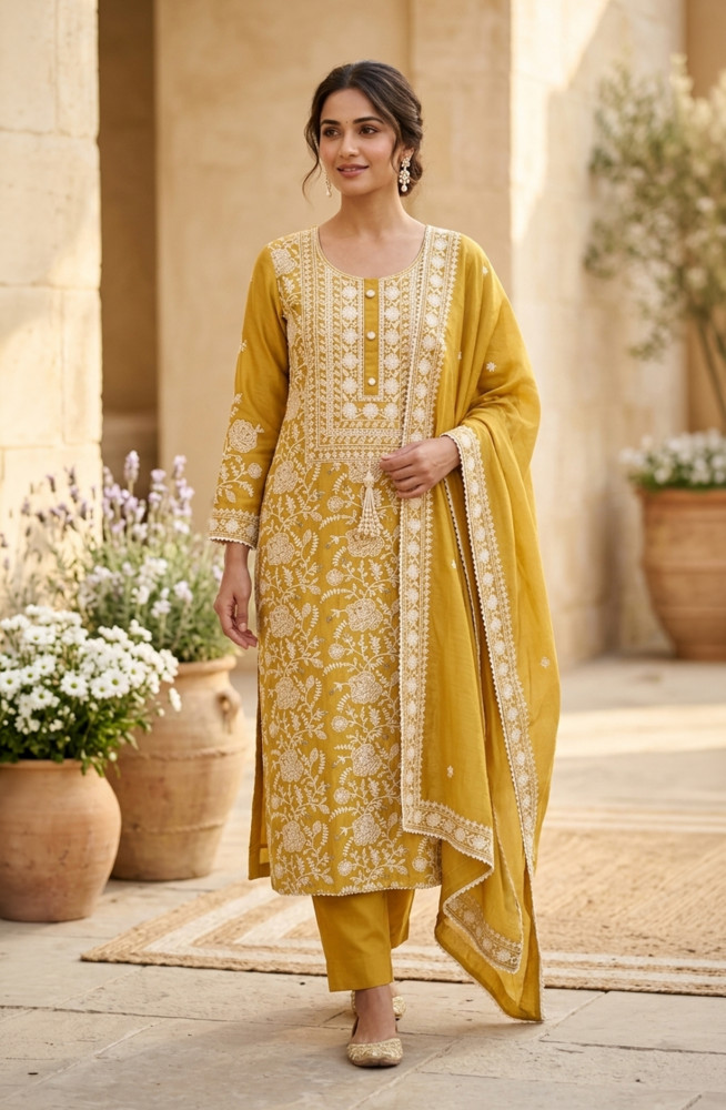Image of Mustard Mul Chanderi Unstitched Beautiful Suit Set with Dupatta -  824-2514
