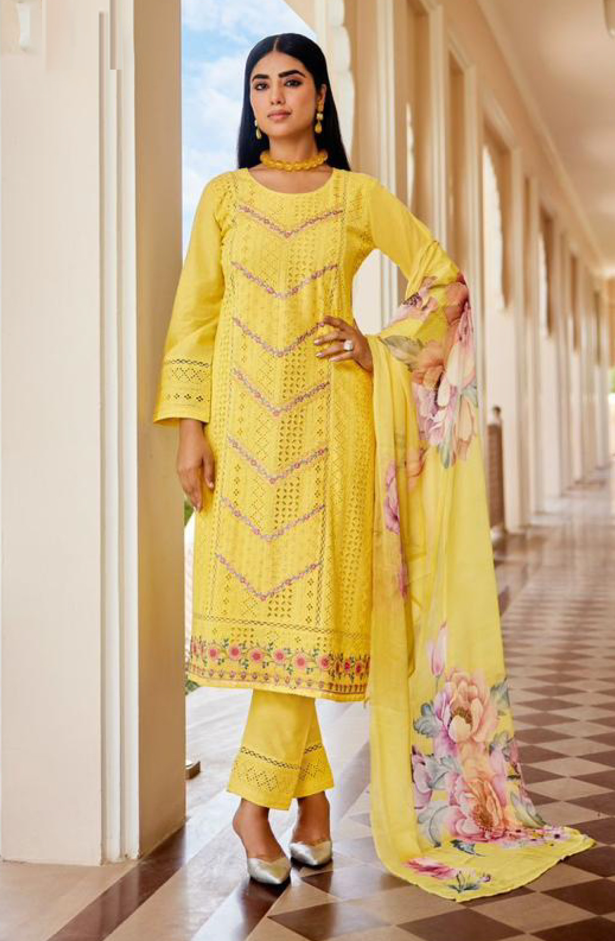 Yellow Pure Cambric Cotton Suit Set with Dupatta- SHA15899