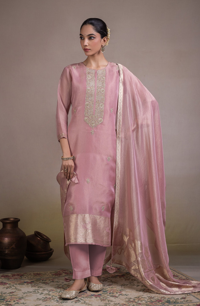 Image of Pink Jacquard Silk Unstitched Suit Set with Dupatta - R157-SPR2818