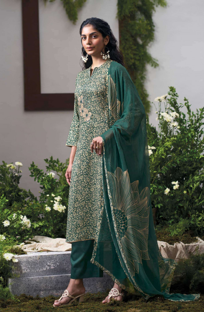 Image of Green Premium Cotton Satin Unstitched Suit Set with Beautiful Dupatta - MITS5134D