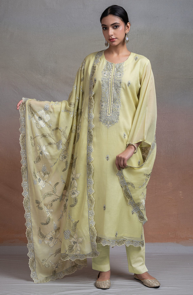 Image of Lemon Pure mul chanderi beautiful Suit Set with Dupatta - R157-SPR2647