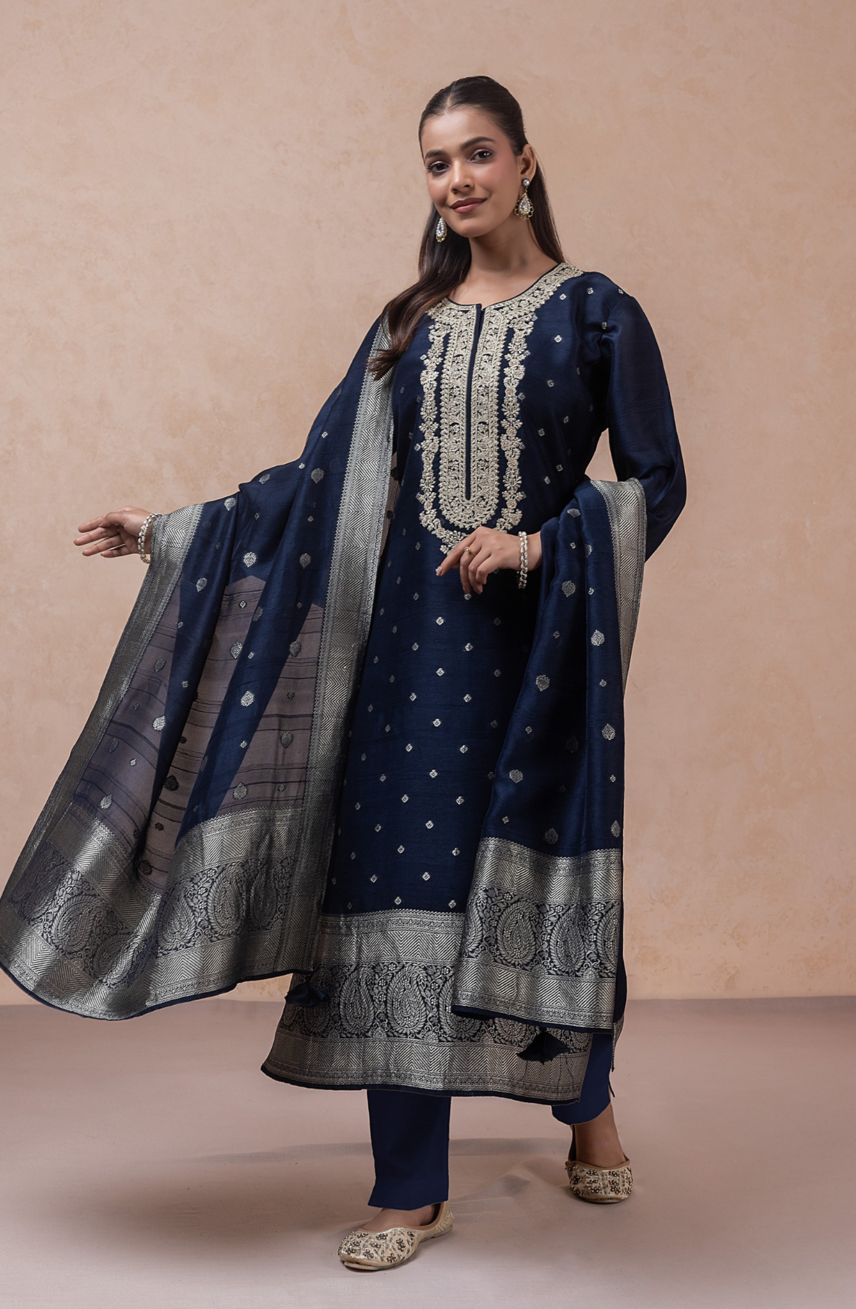 Blue Silk jacquard Unstitched Suit Set with Dupatta - R157-SPR2802A