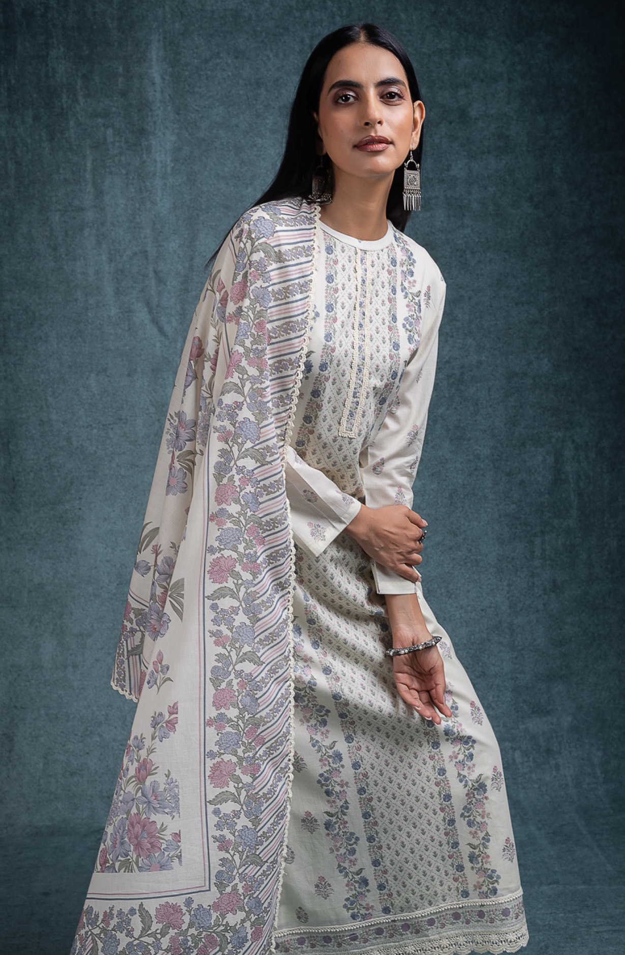 Cream Pure cotton lawn Unstitched Suit Set with Dupatta - SANNT185A