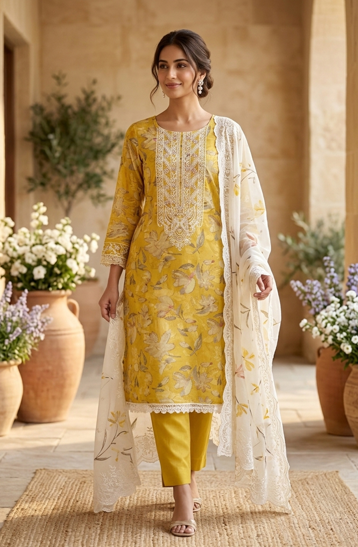 Yellow Linen Cotton Unstitched Suit Set with Beautiful Dupatta - 984-FMBCT4655