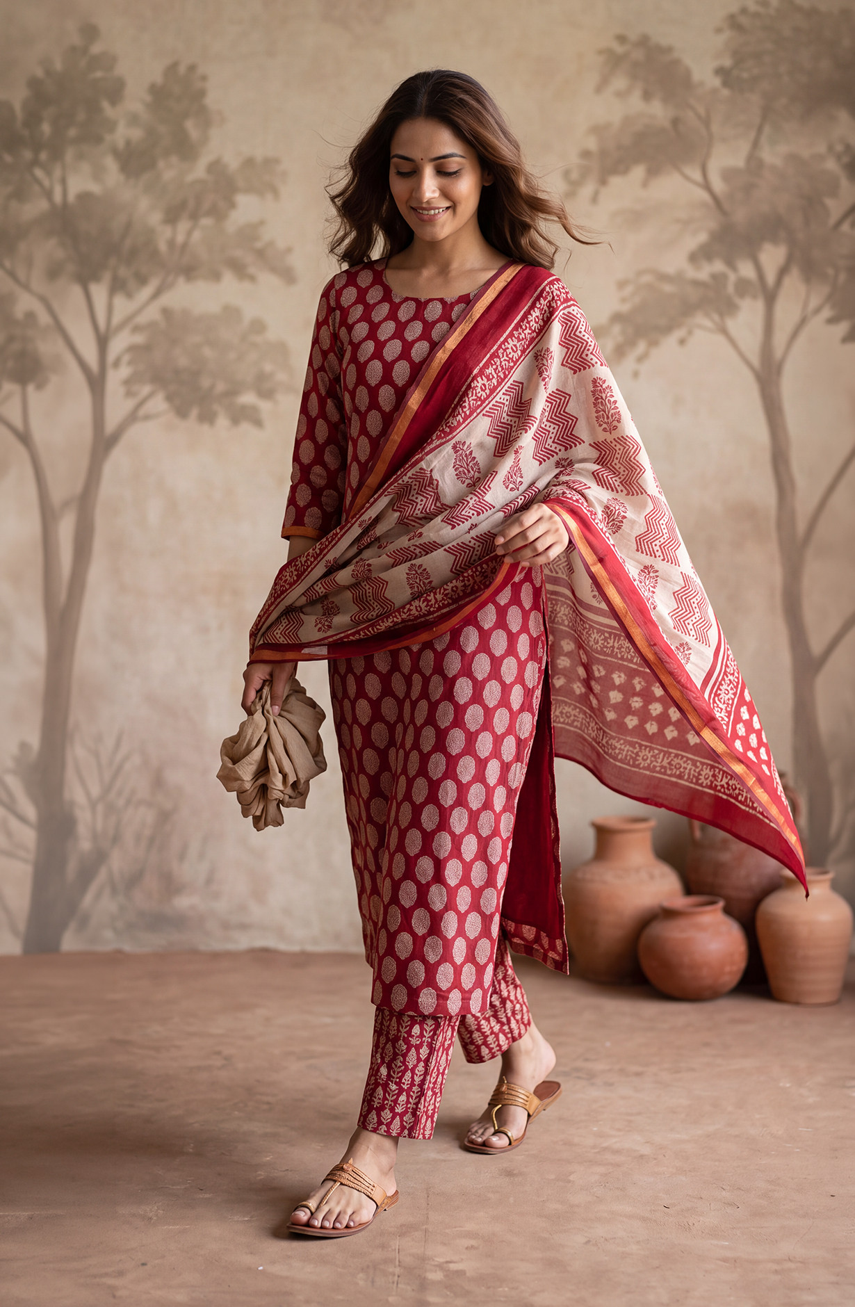 Mehroon Mul Chanderi Unstitched Suit Set with Beautiful Dupatta - 983-6878