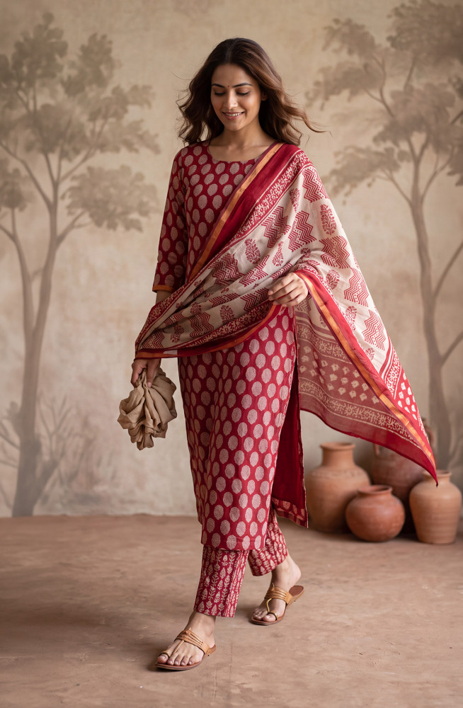 Image of Mehroon Mul Chanderi Unstitched Suit Set with Beautiful Dupatta - 983-6878