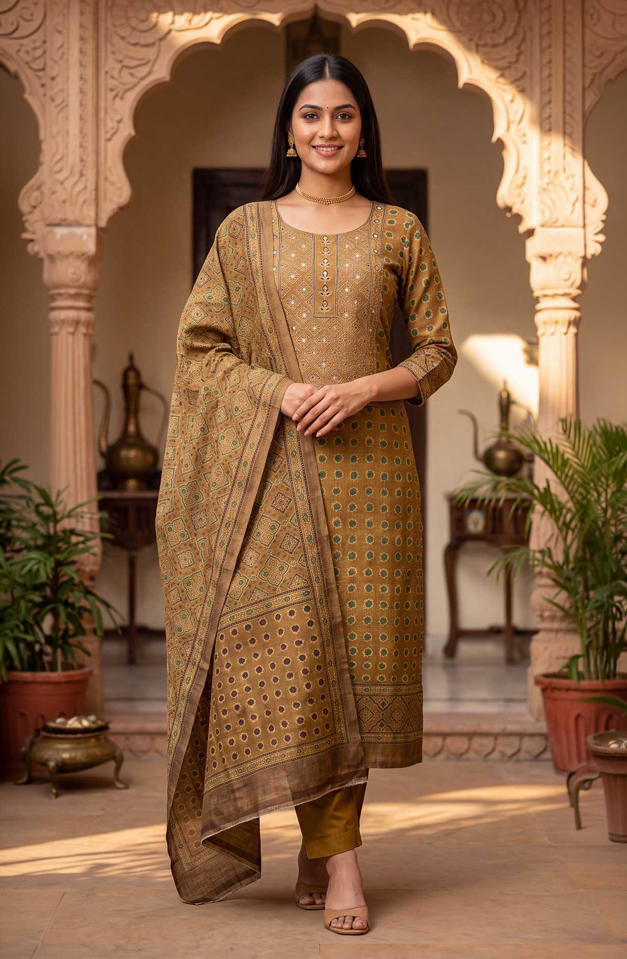 Mehndi Raw Silk Unstitched Suit-Set with Beautiful Dupatta - 981-I391A