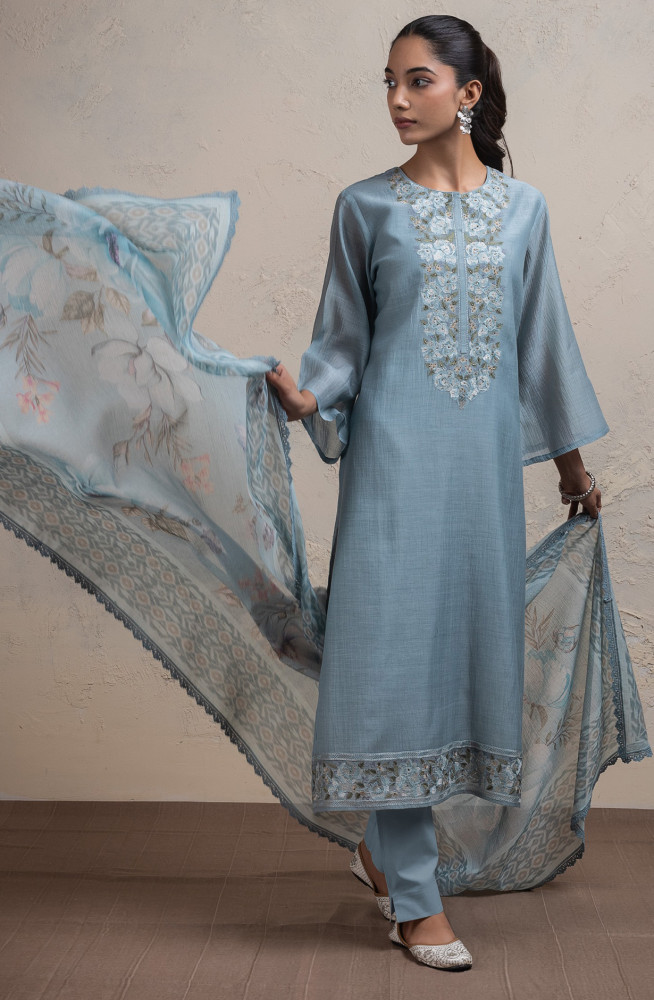 Image of Blue Pure Mul chanderi beautiful Suit Set with Dupatta - R157-SPR2688