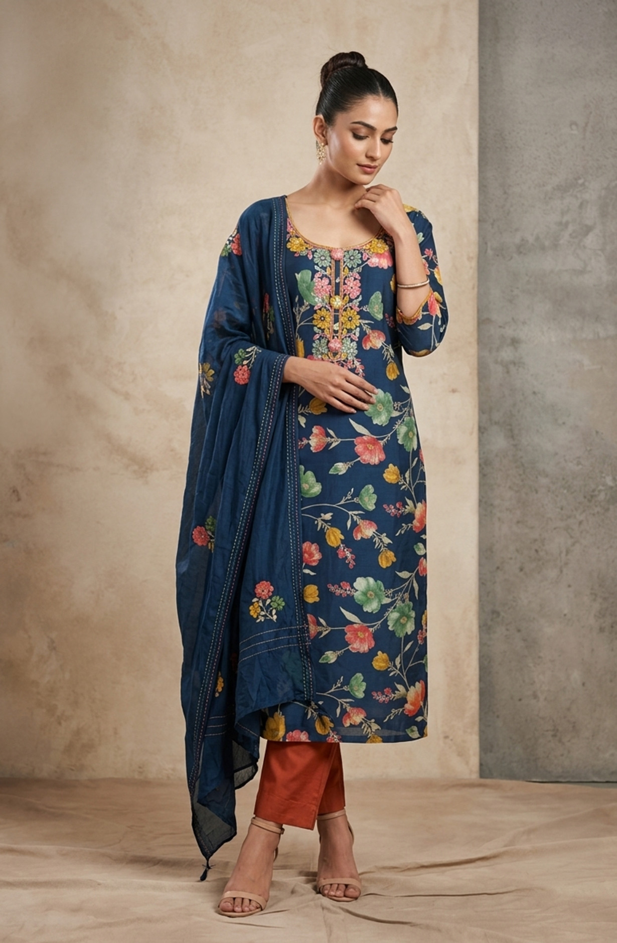 Blue Digital Printed Modal silk Unstitched Suit Set with Dupatta - 944-9650