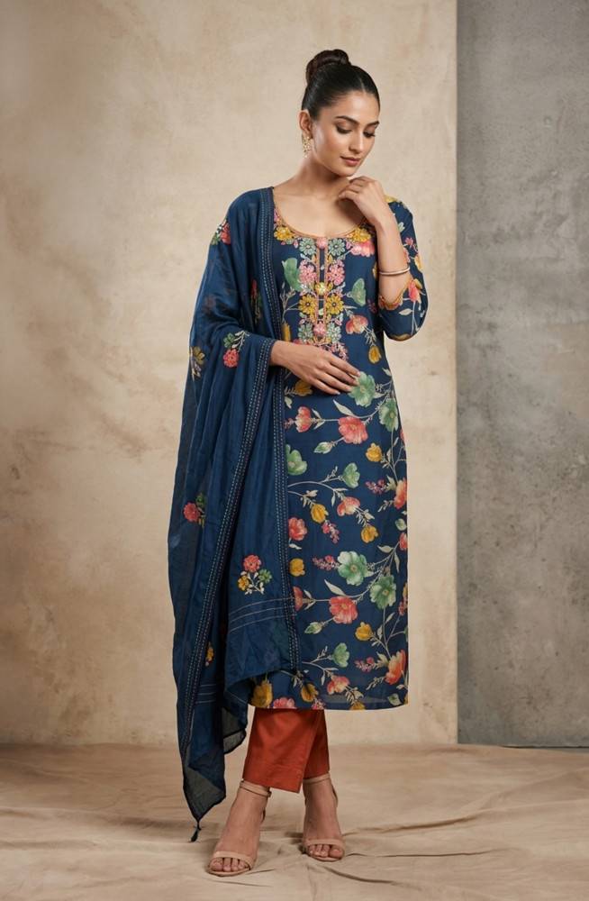 Image of Blue Digital Printed Modal silk Unstitched Suit Set with Dupatta - 944-9650