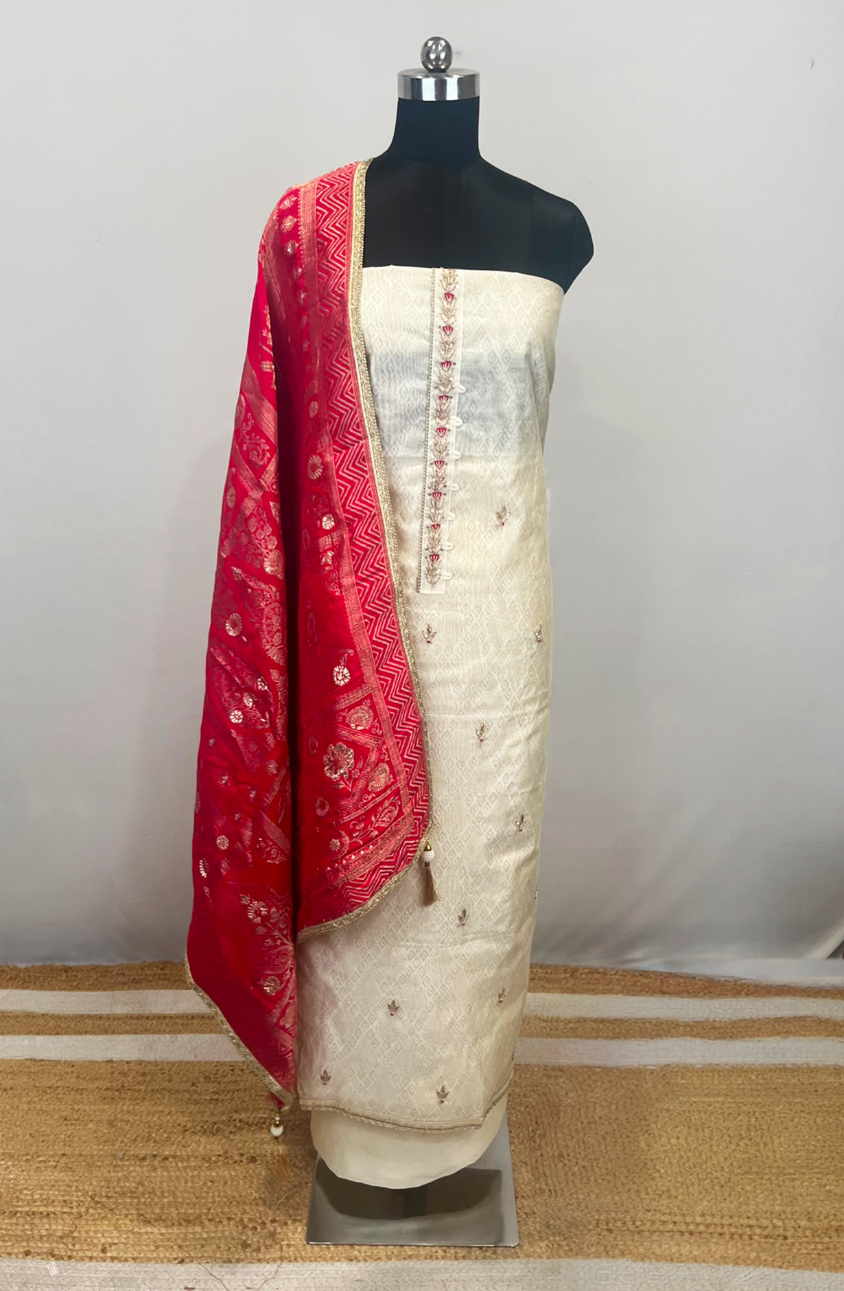Off- White Chanderi Unstitched Suit Set with Beautiful Rani Dupatta - 693-JDF3196