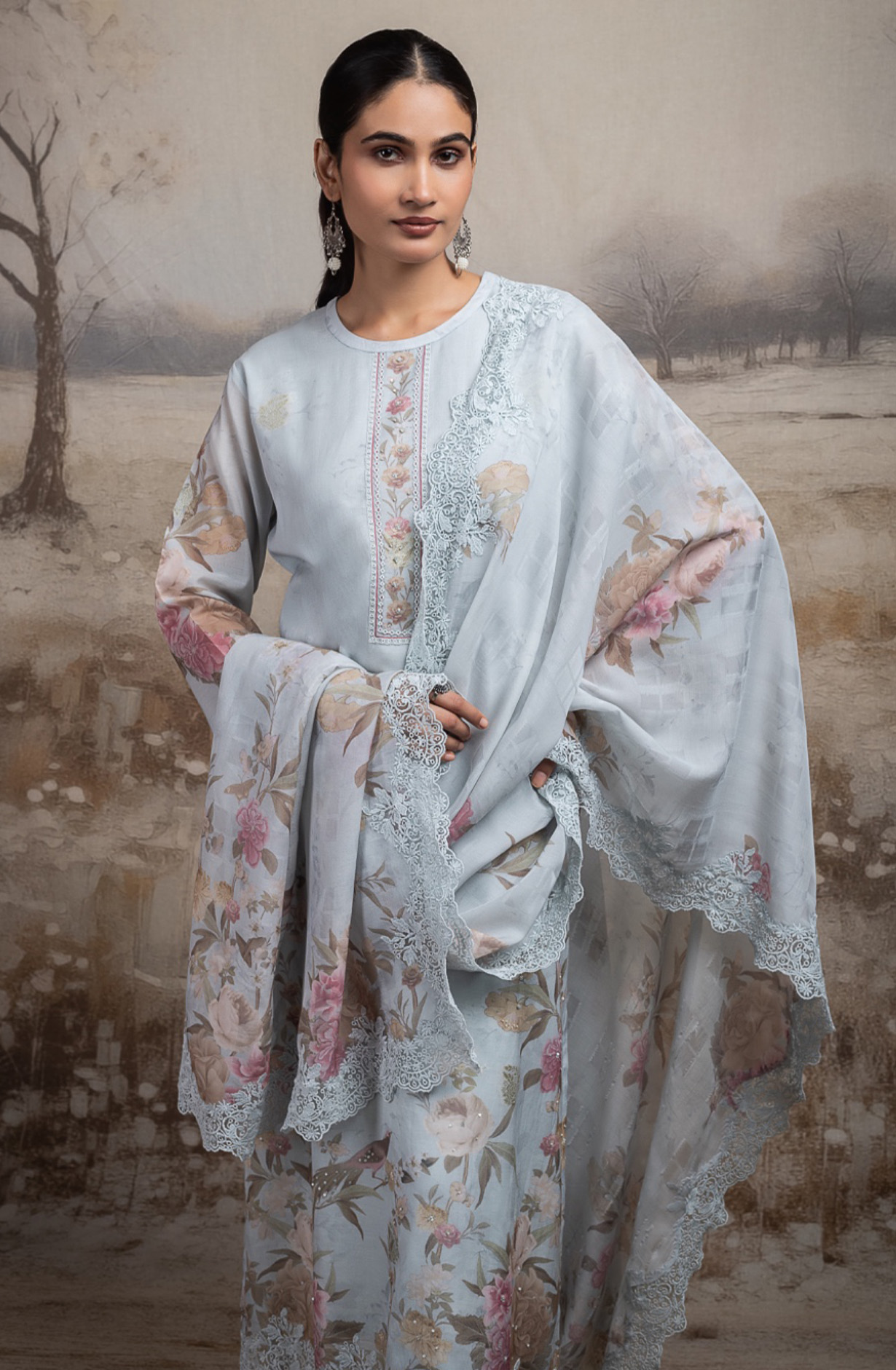 Grey Pure mul chanderi beautiful Suit Set with Dupatta - ROSNT144B