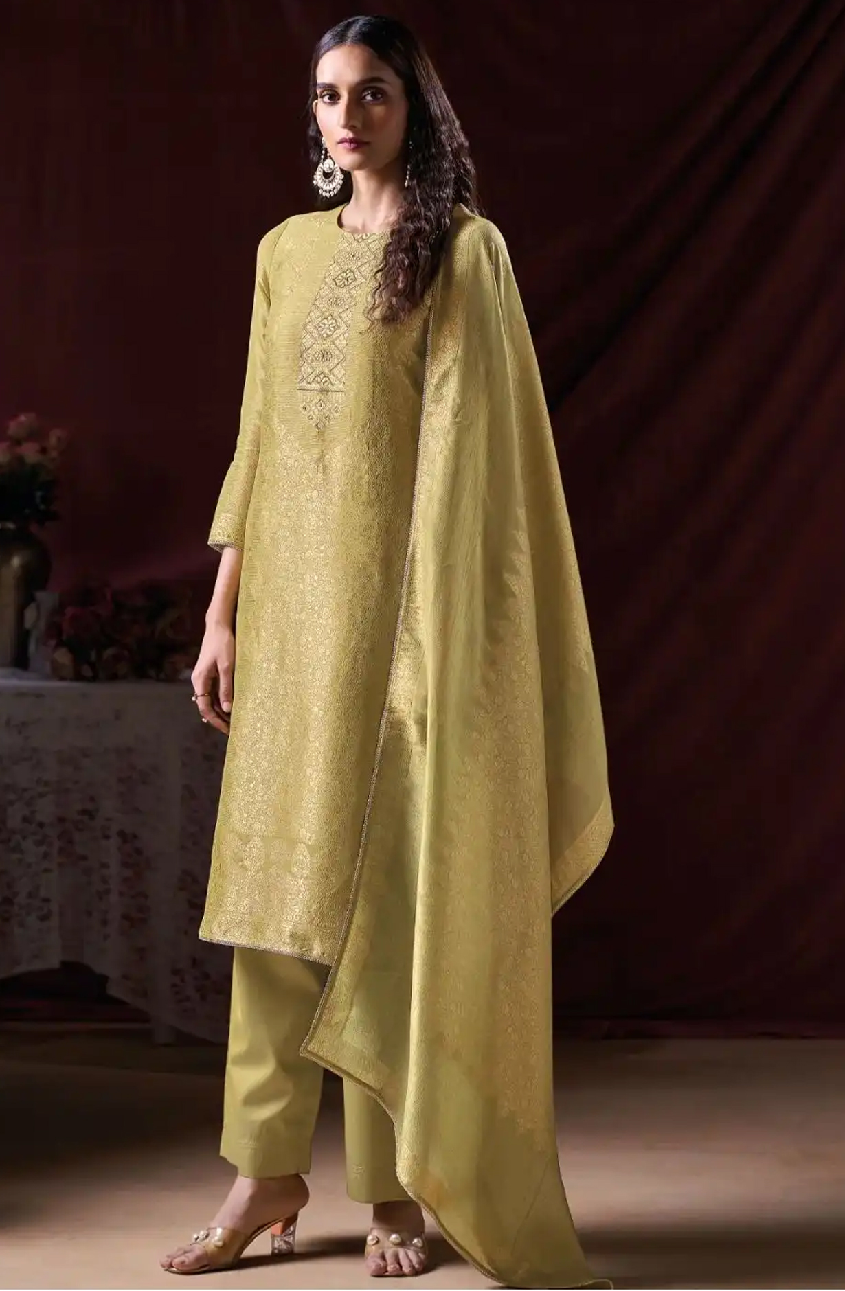 Mustard Silk Jacquard Suit Set with Dupatta - ARNC2300