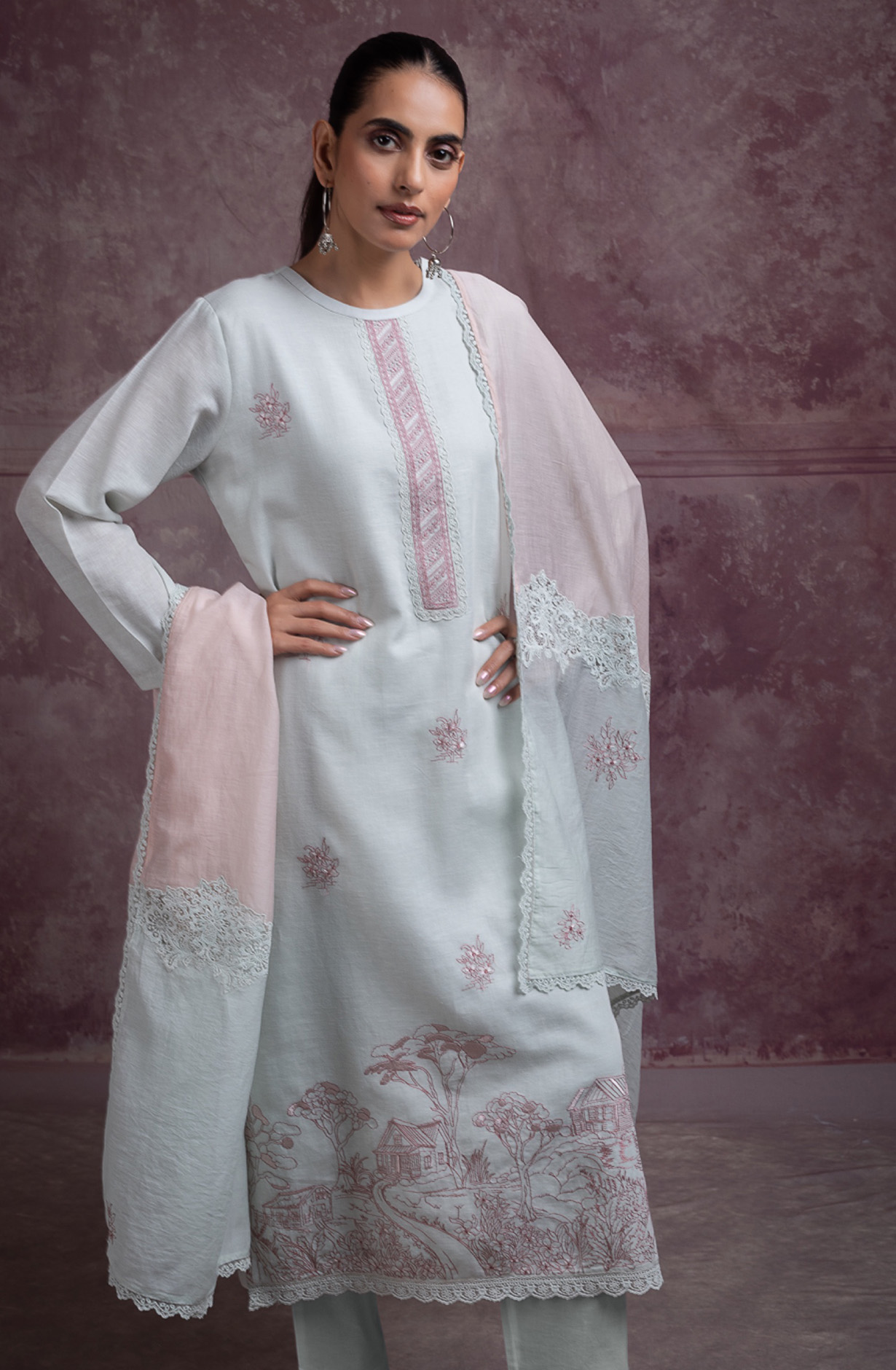 Sea Green pure cotton linen  embroidered beautiful Suit Set with Dupatta - ALANT168A