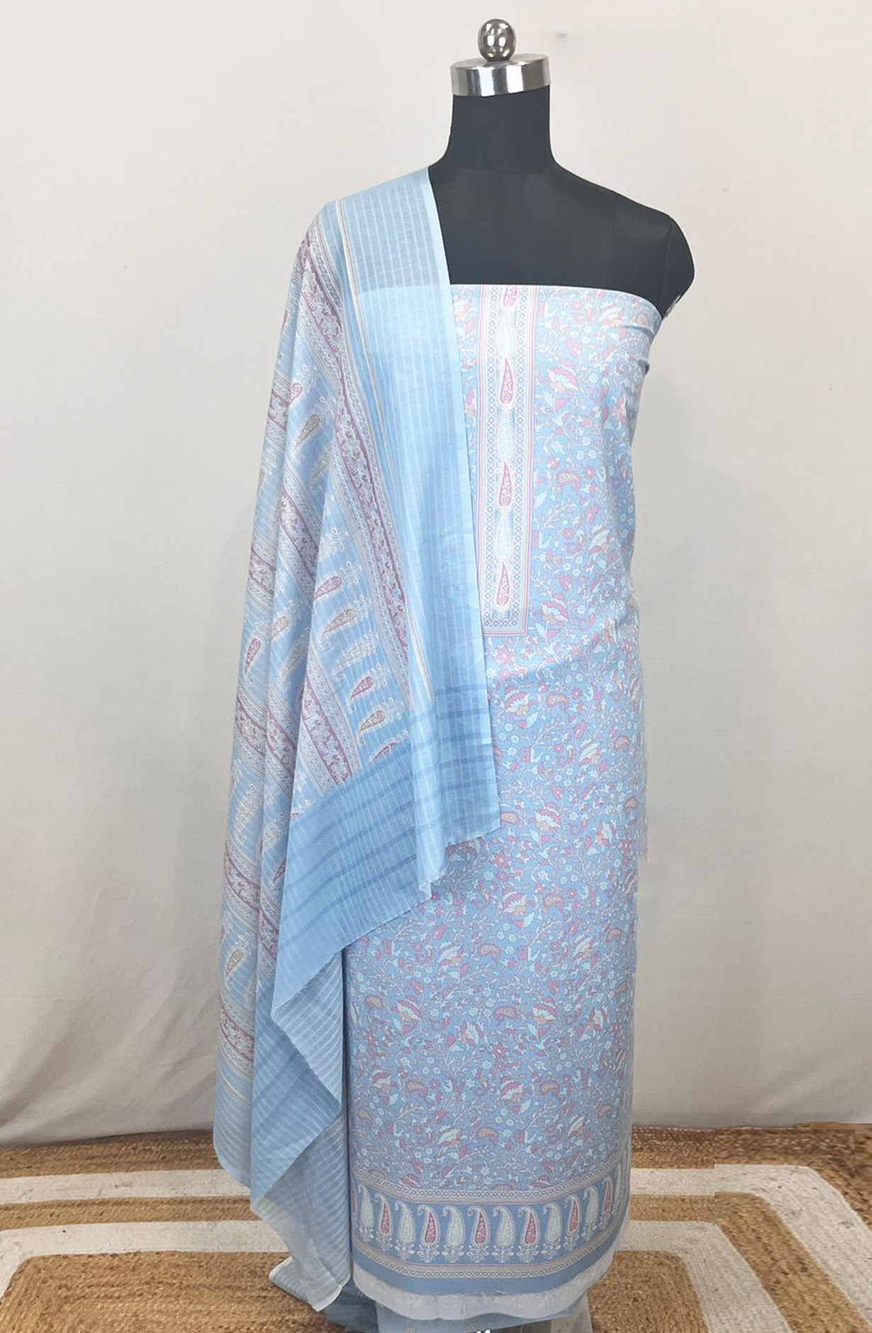Blue Printed Cotton Unstitched Suit Set with Dupatta - ZAI1907J