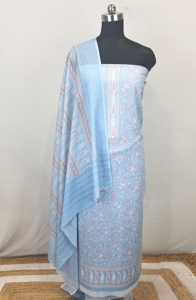 Image of Blue Printed Cotton Unstitched Suit Set with Dupatta - ZAI1907J
