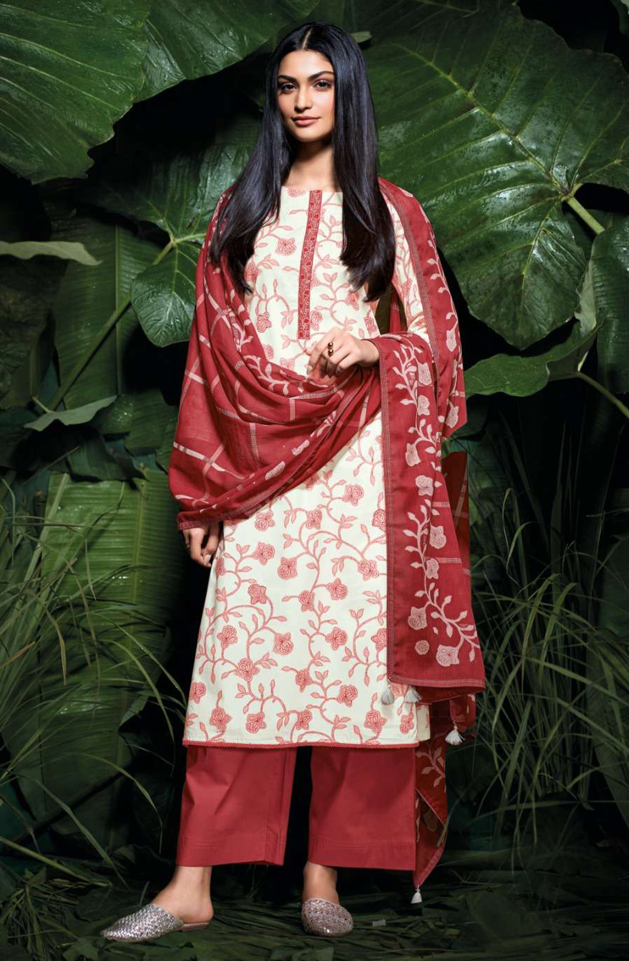 Red premium cotton Unstitched Suit Set with Dupatta - IRIAS4530D