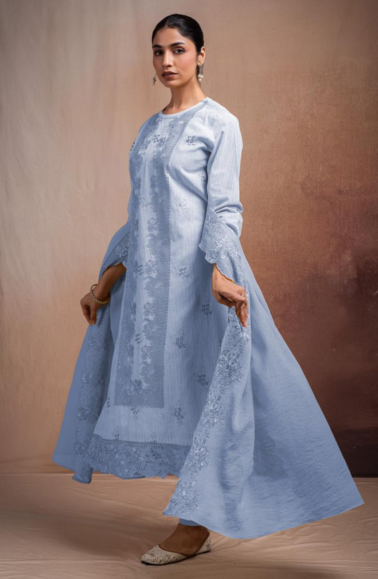Blue Pure Cotton Handloom Embroidered Suit Set with Dupatta - ANTNSF137C