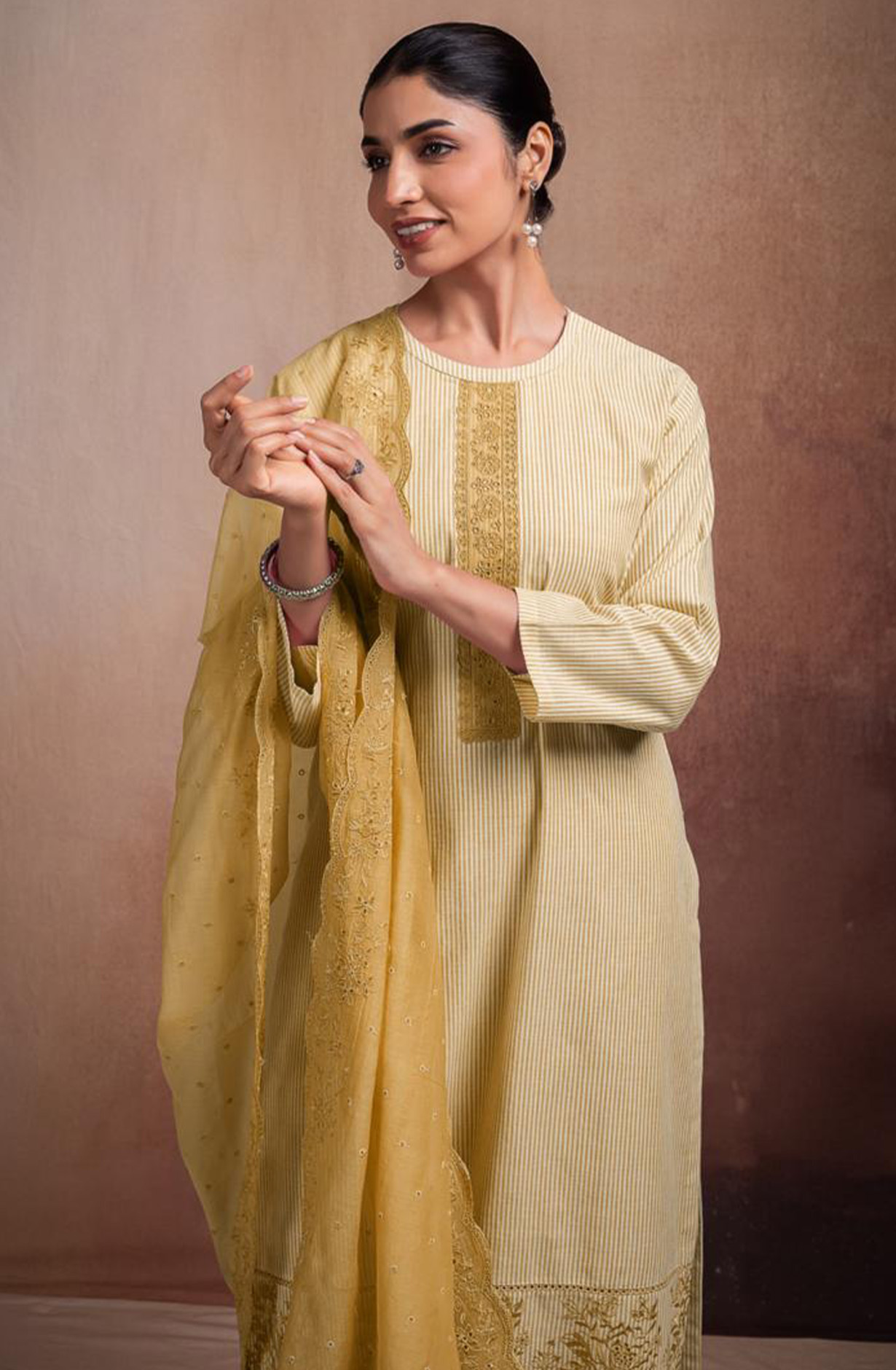 Yellow Pure Cotton Handloom Embroidered Suit Set with Dupatta - ANTNSF136C