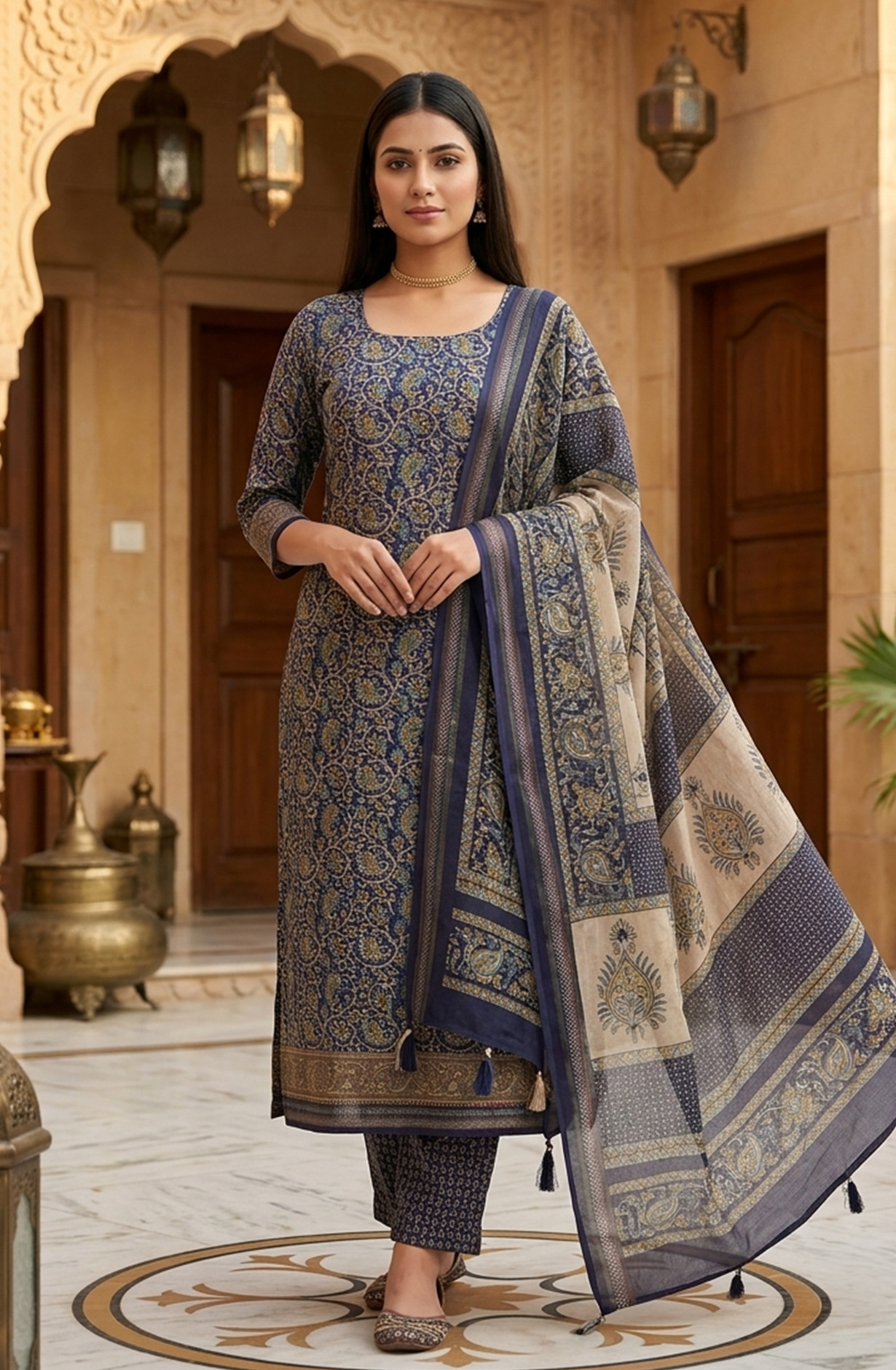 Blue Beautiful Maheshwari Suit Set with Dupatta -  1029-SHEHNAI-1