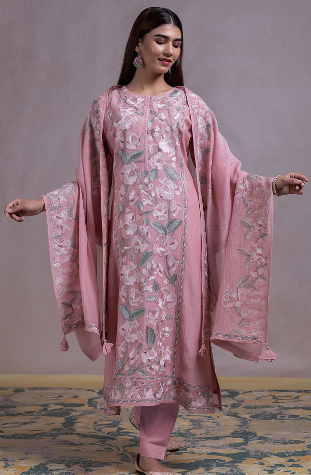 Pink Mul chanderi Embroidered Suit Set with Dupatta - R157-SPR2316