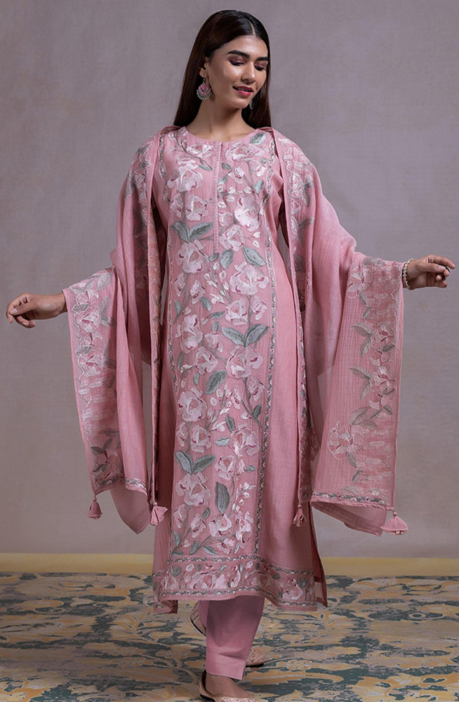 Image of Pink Mul chanderi Embroidered Suit Set with Dupatta - R157-SPR2316
