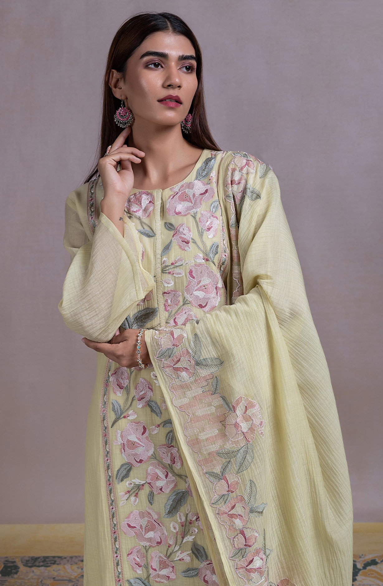 Lemon Mul chanderi Embroidered Suit Set with Dupatta - R157-SPR2316B