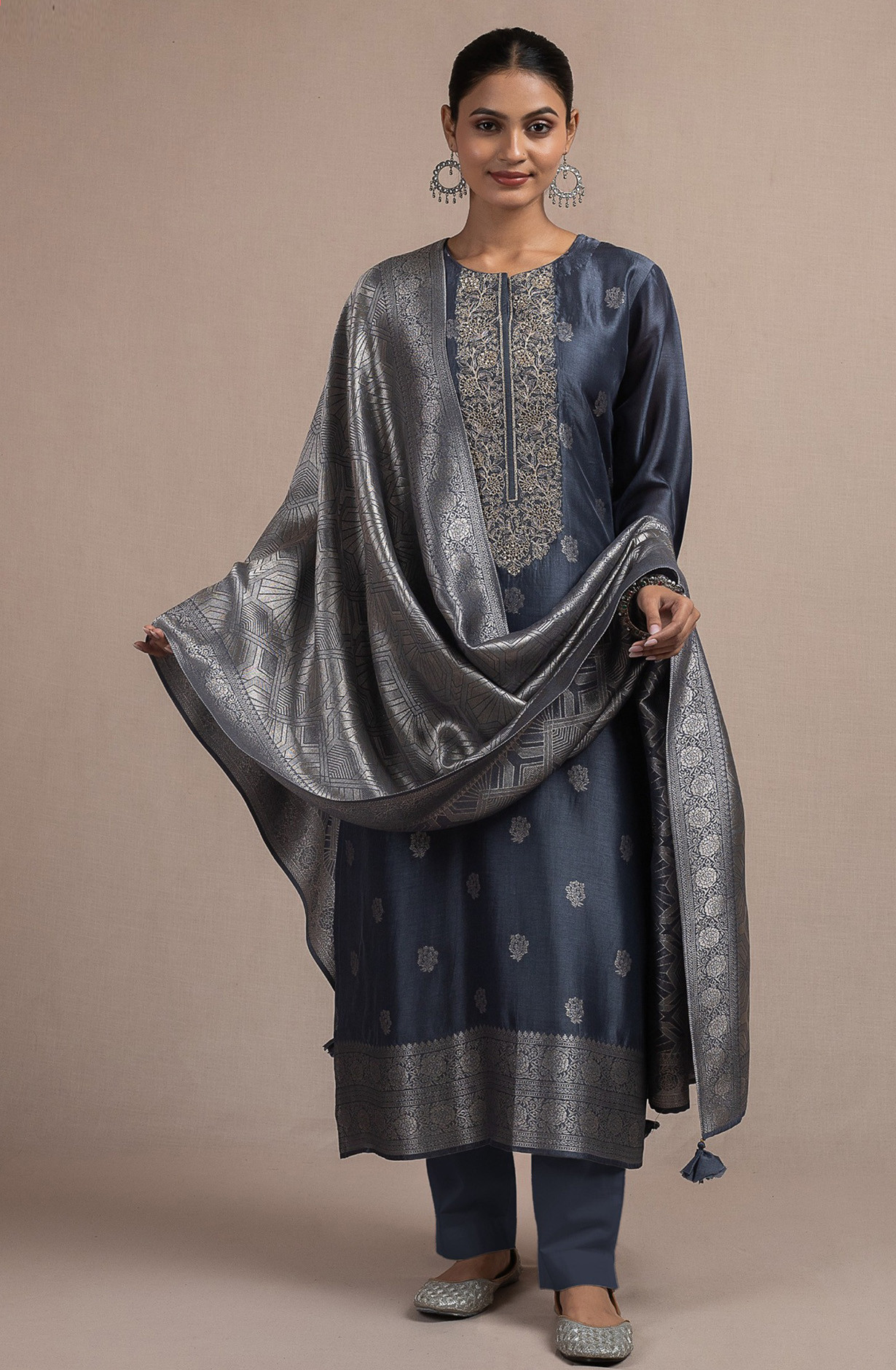 Blue Silk Jacquard Suit Set with Silk Dupatta - R157-SPR2536C