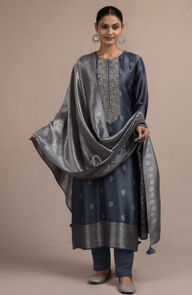Image of Blue Silk Jacquard Suit Set with Silk Dupatta - R157-SPR2536C