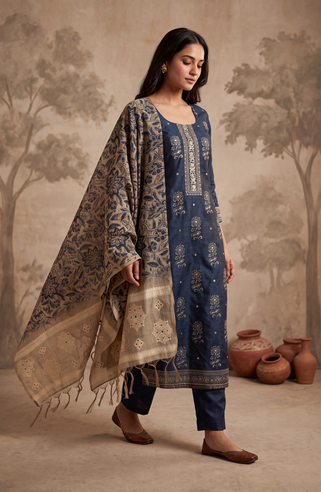 Image of Blue Chanderi Silk Unstitched Suit Set with Beautiful Dupatta - 972-WETSL1103-4B