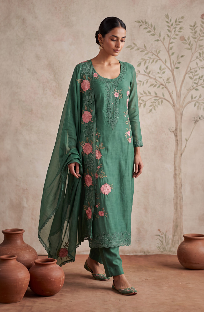 Image of Green Mul Chanderi Unstitched Suit Set with Beautiful Dupatta - 752-9233A