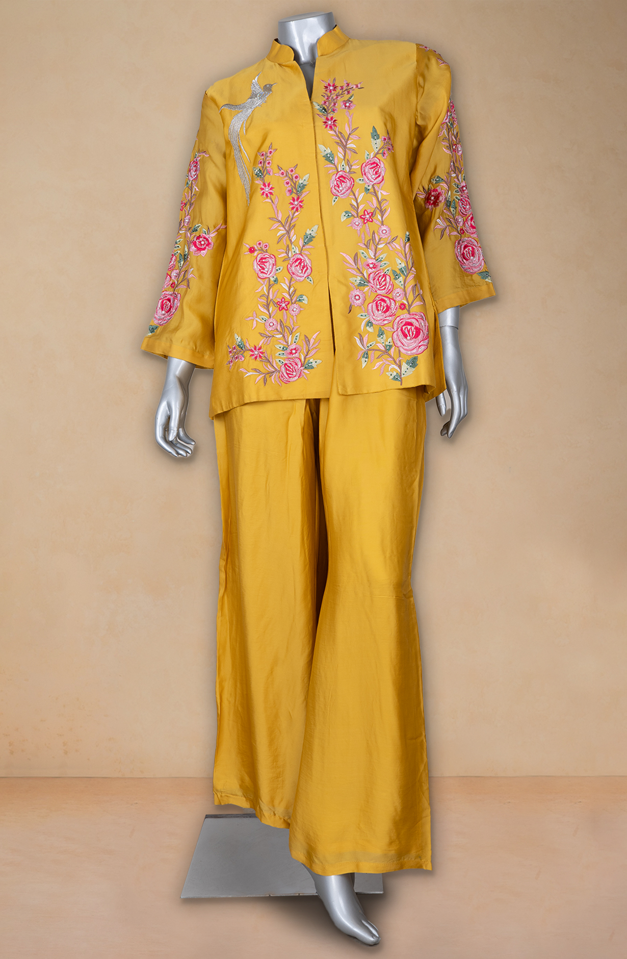 Yellow Parsi work Satin Silk Beautiful Co- ord Set - 1019-10612A