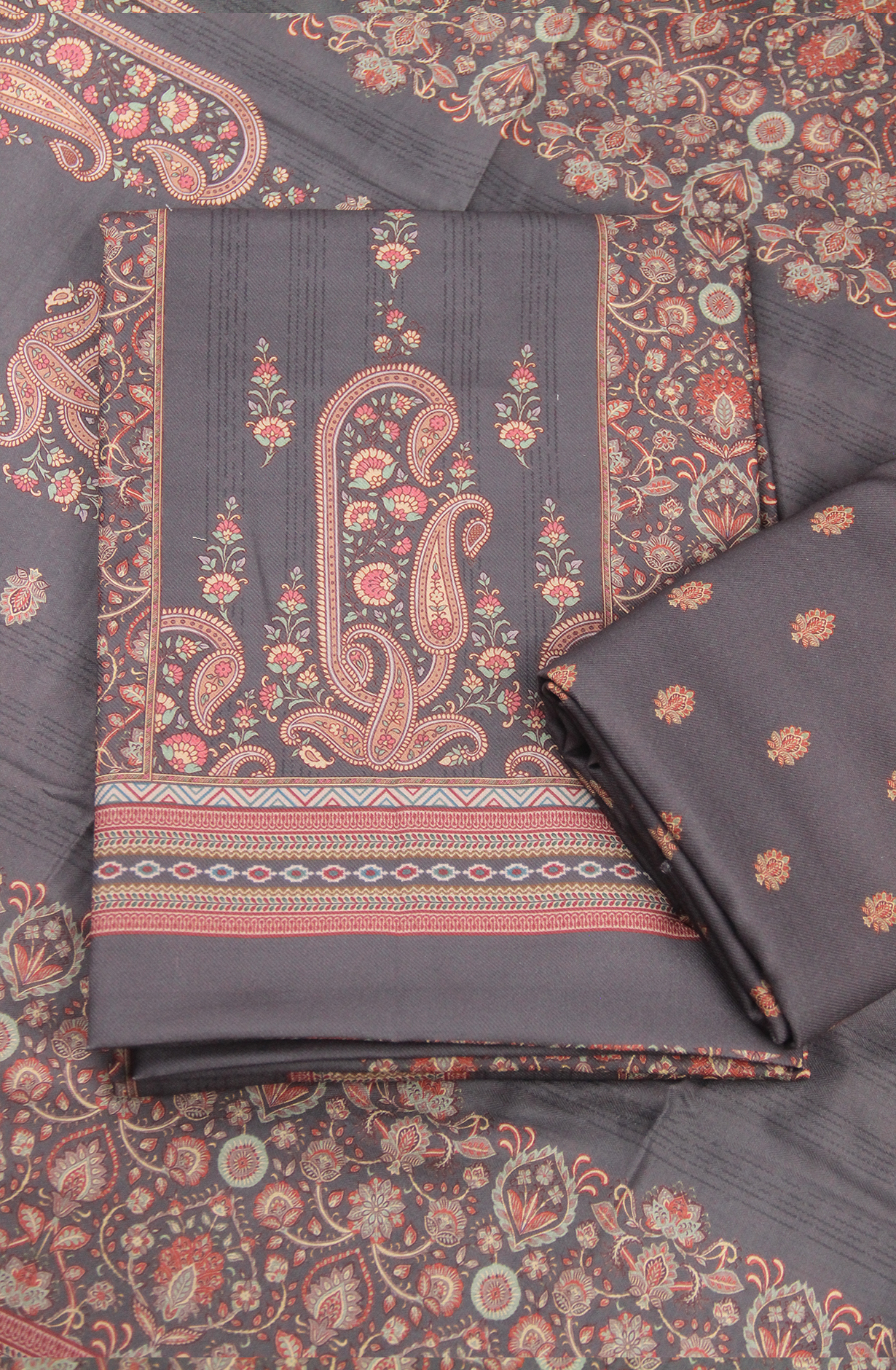 Grey Printed Spun Salwaar Suit with Shawl- ZAA1437B