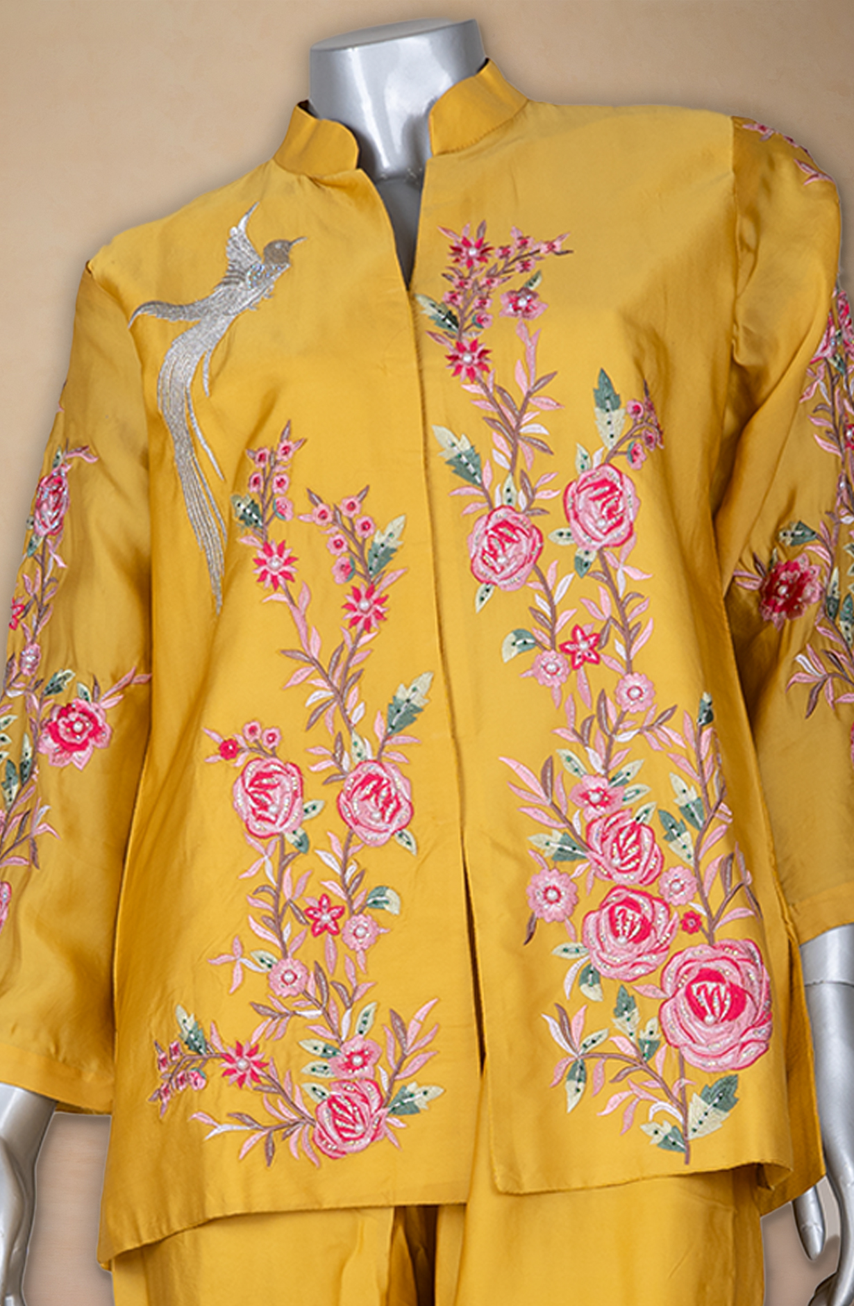 Yellow Parsi work Satin Silk Beautiful Co- ord Set - 1019-10612A