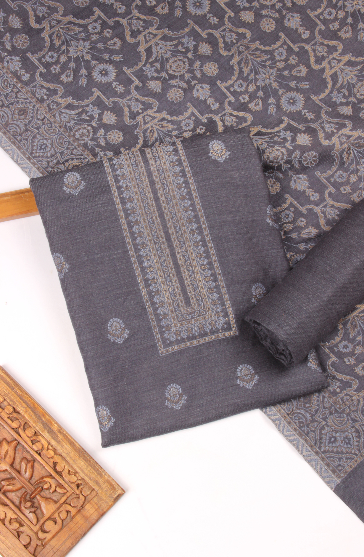 Black Pure Pashmina Unstitched Salwar Kameez with Stole Dupatta - PAS2028A