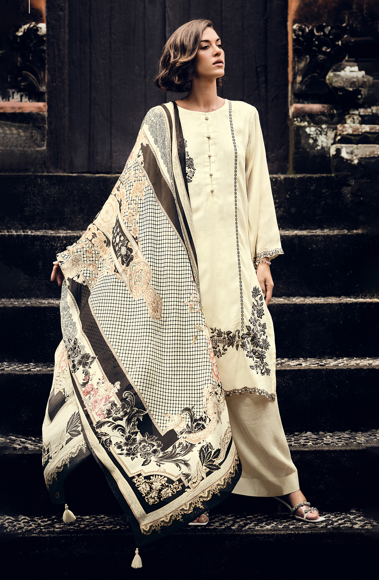 Cream Beautiful Georgette Embroidered Suit with Chiffon Dupatta - RAMY02