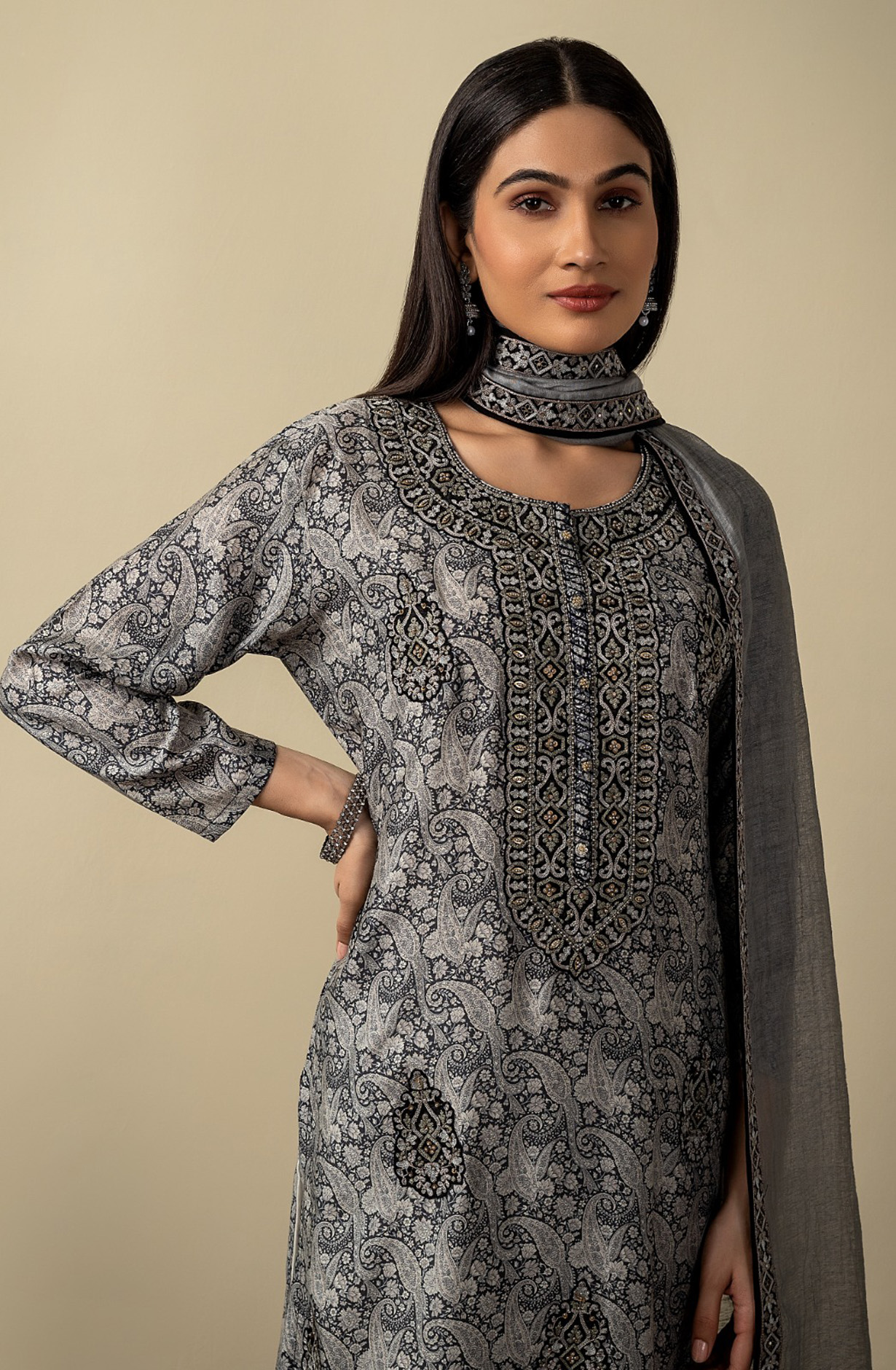 Black and Grey Muslin Beautiful Salwar Kameez with Organza Dupatta - R157-SPR1542