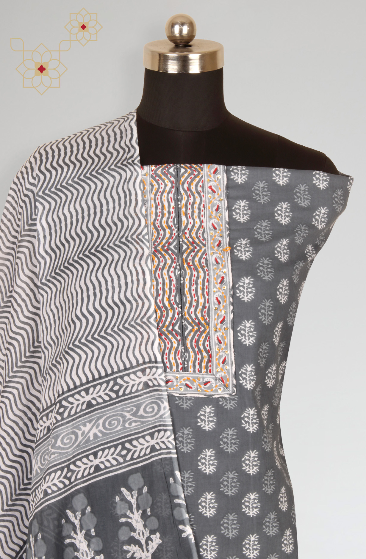 Grey Cotton Printed Salwar Kameez with Dupatta - PFSCOT1213-5A