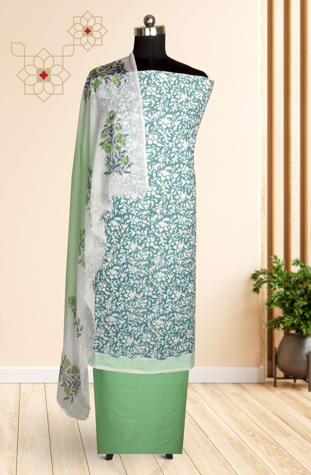 Teal and White Cotton Printed Unstitched Salwar Suit with Chiffon Dupatta - 721-LTSDS3