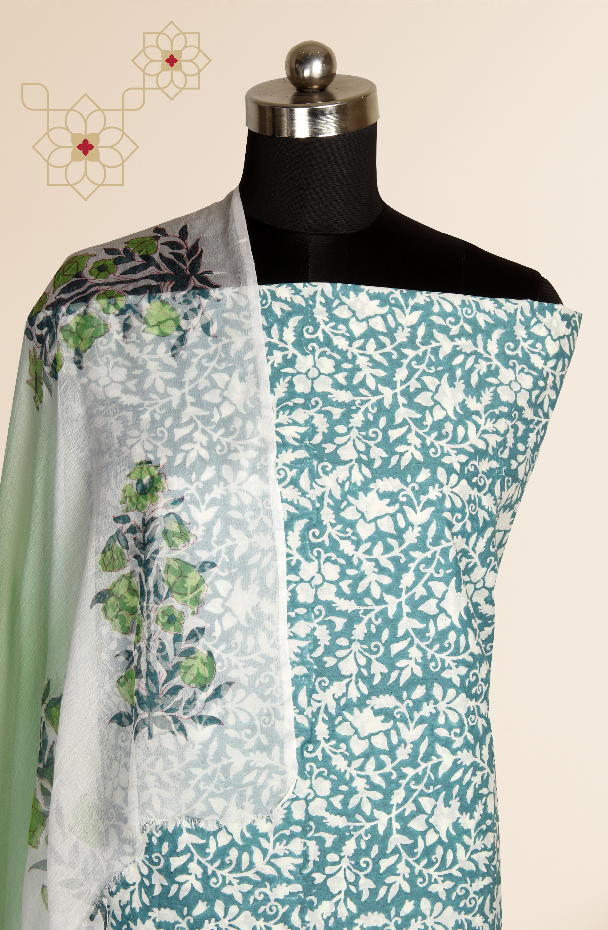 Teal and White Cotton Printed Unstitched Salwar Suit with Chiffon Dupatta - 721-LTSDS3