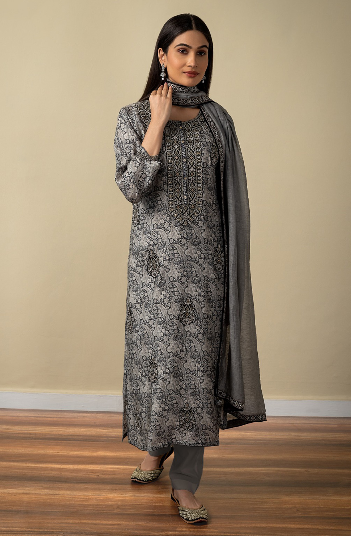 Black and Grey Muslin Beautiful Salwar Kameez with Organza Dupatta - R157-SPR1542