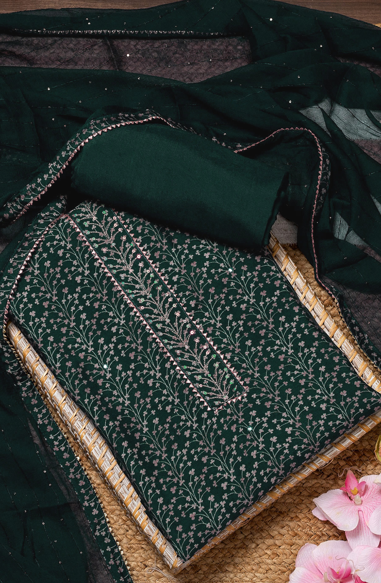 Bottle Green Modal Silk Digital Printed Suit with Chiffon Dupatta - 912-YRT09713A