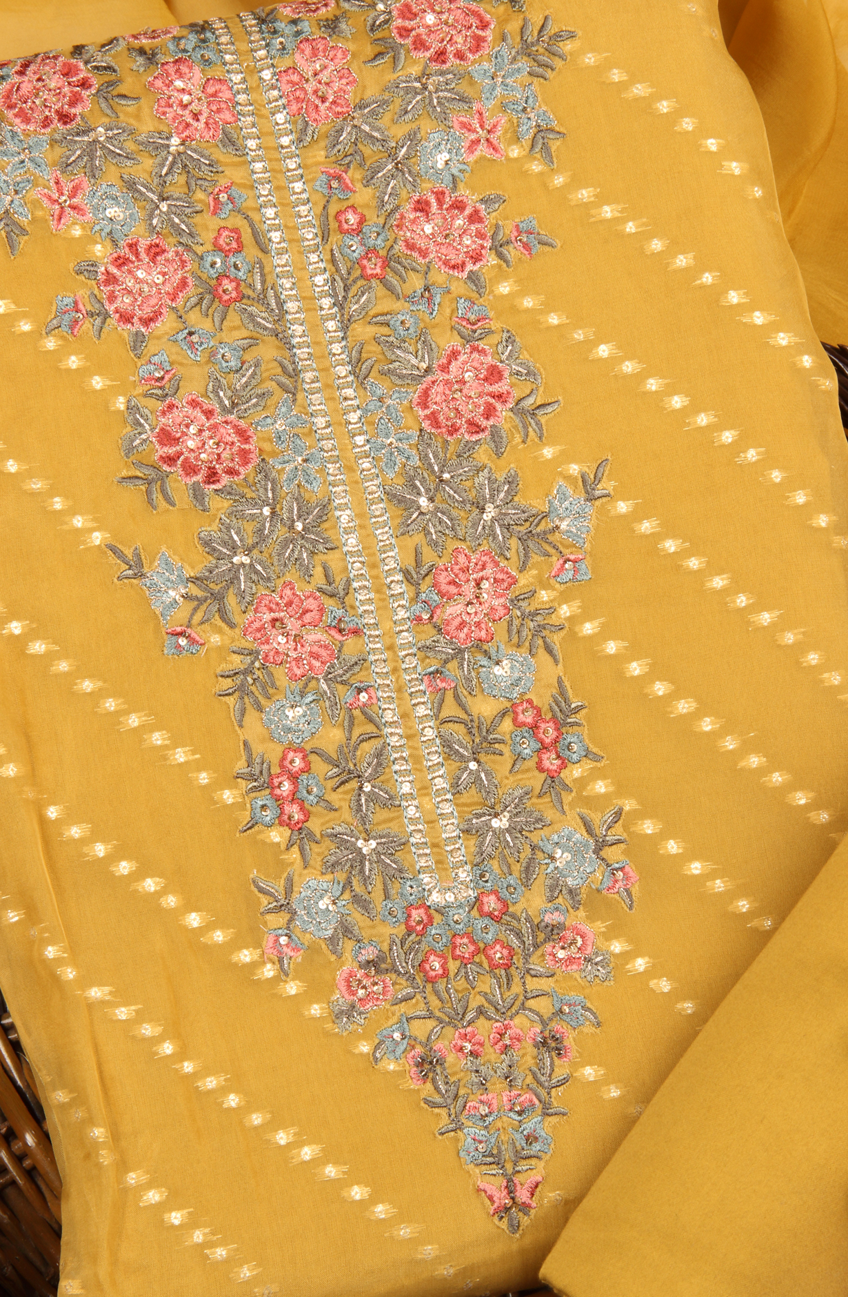 Mustard Designer Organza Unstitched Salwar Kameez - SMPL-05