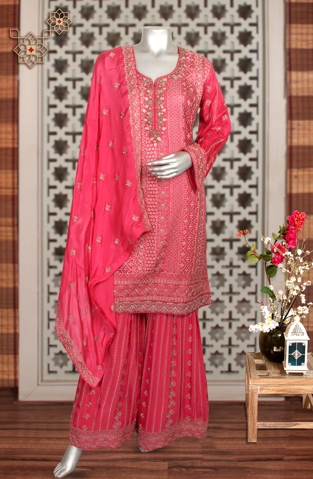 Rani Pink Partywear Embroidered Uppada Silk Semi-stitched Sharara Suit - 752-5417B