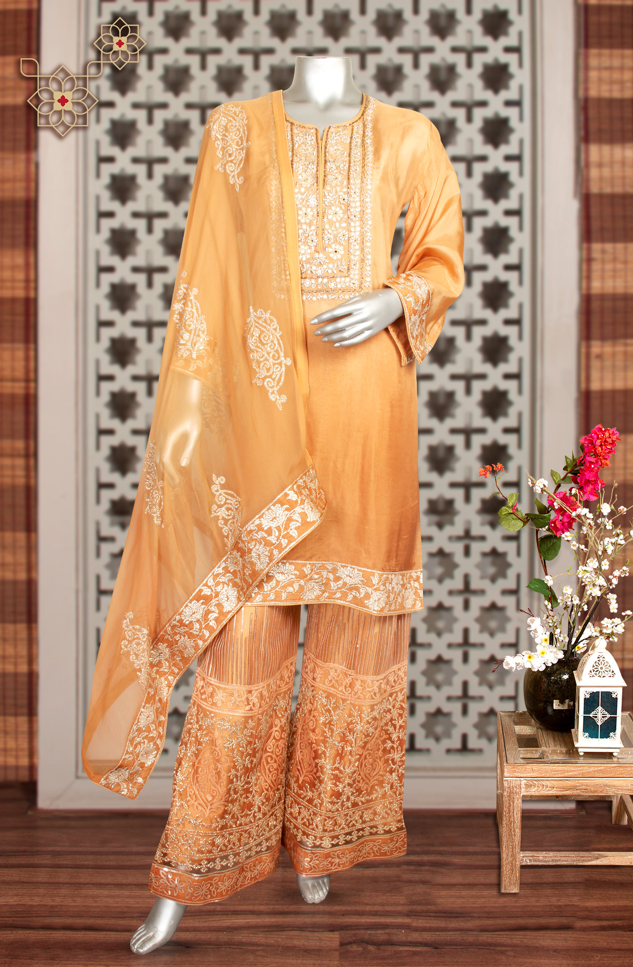 Orange Zari Embroidered Uppda Silk Semi-stitched Palazzo Suit - 752-5660