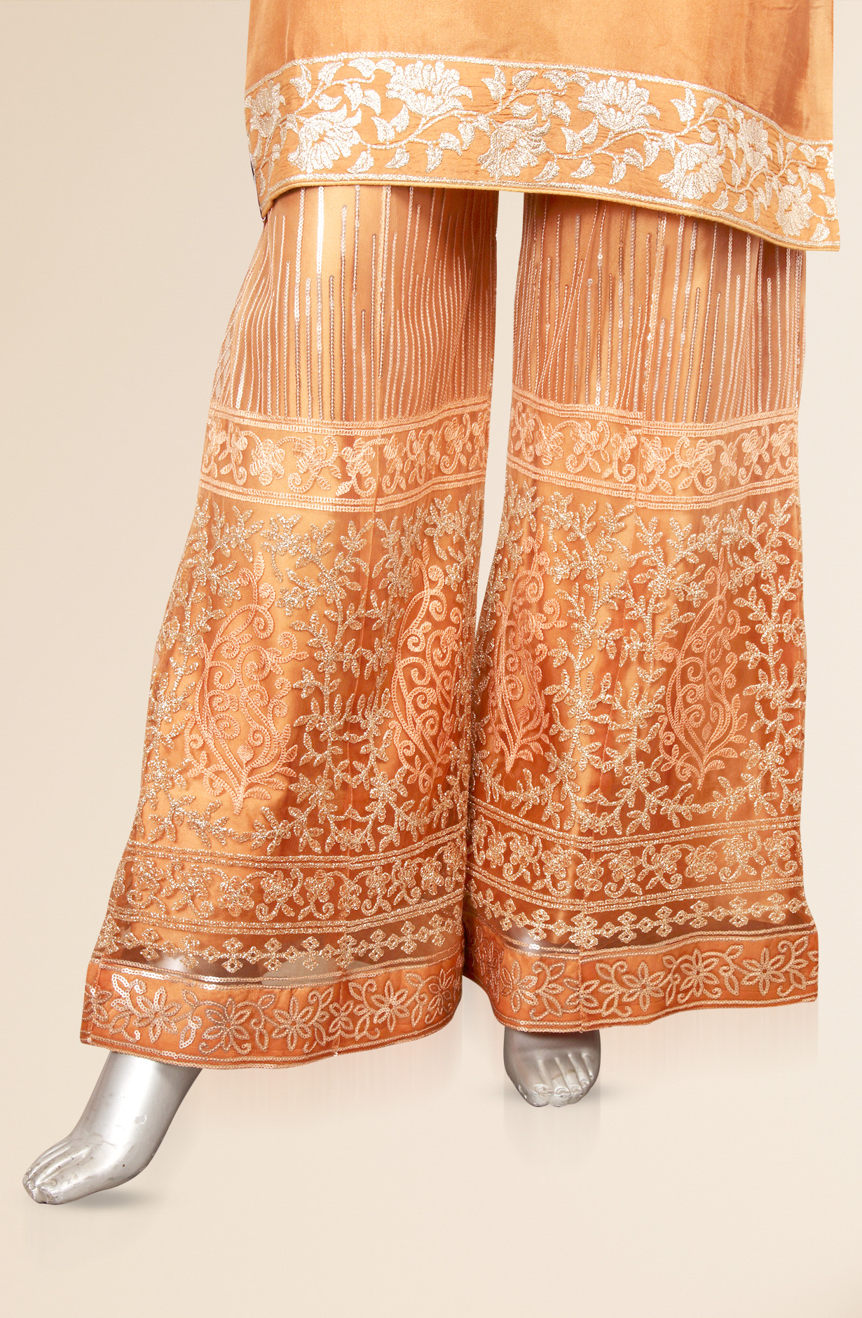 Orange Zari Embroidered Uppda Silk Semi-stitched Palazzo Suit - 752-5660