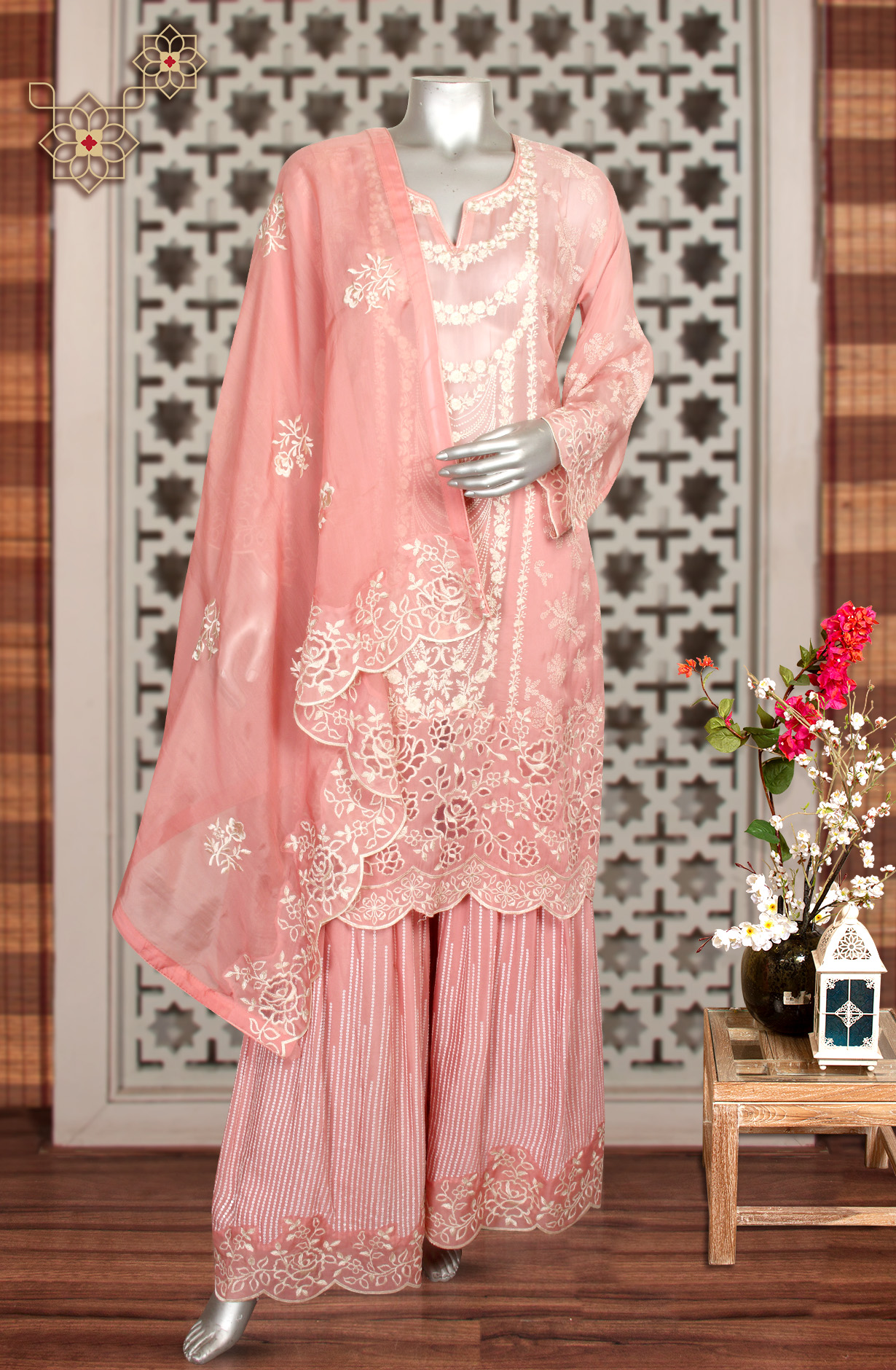 Pink Embroidered Organza Semi-stitched Palazzo Suit - 752-5662A